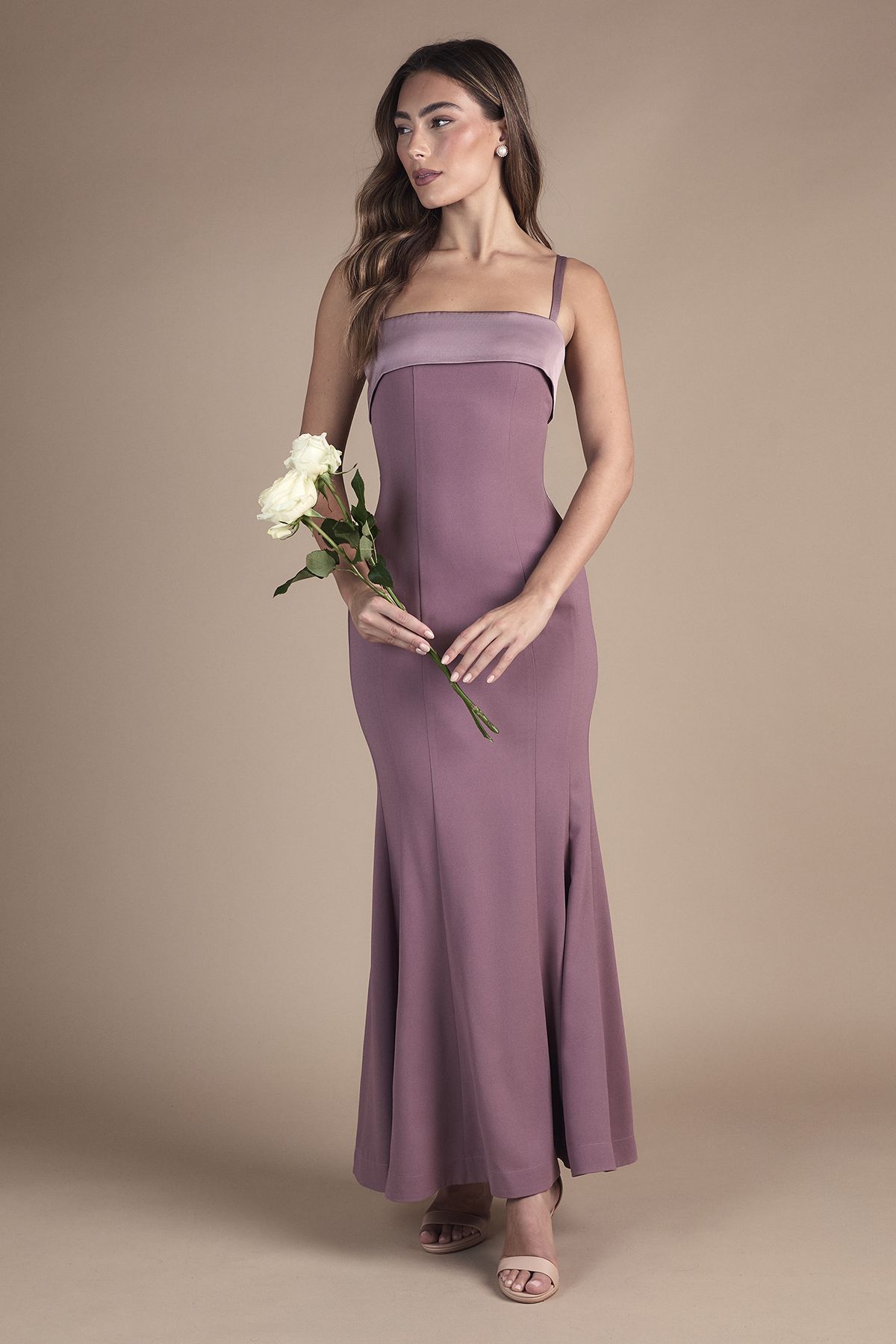 Strappy Fitted Satin Trim Bridesmaid Dress