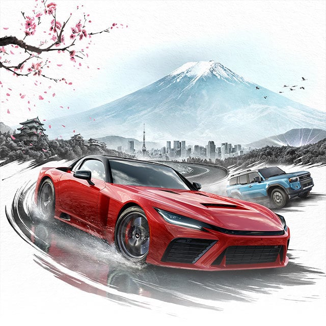 Key art for Forza Horizon 6 depicting a red Ferrari J50 racing beneath cherry blossoms with Mt. Fuji in the distance.