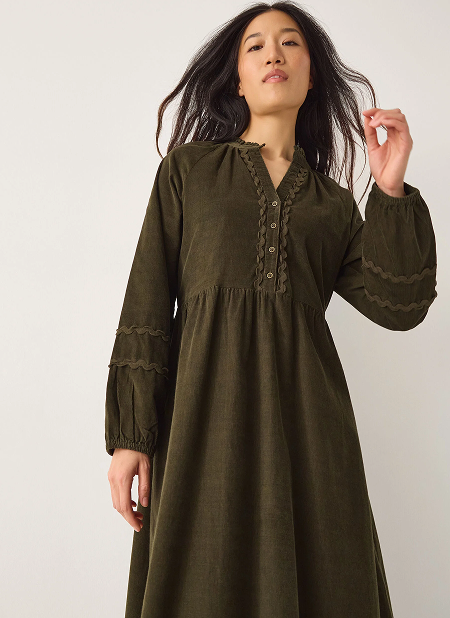Zola Ric Rac Corduroy Midi Dress Green