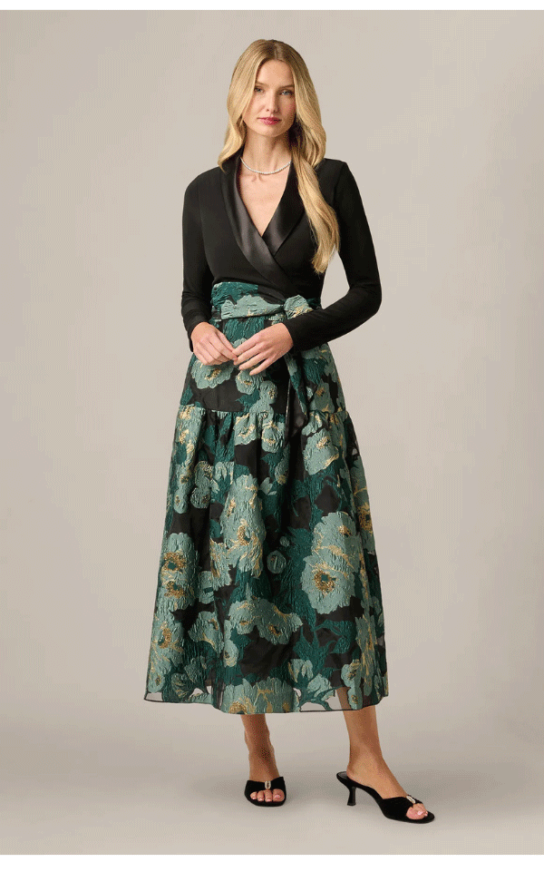 Long Sleeve Jacquard Tuxedo Ankle Length Combo Dress In Black Emerald