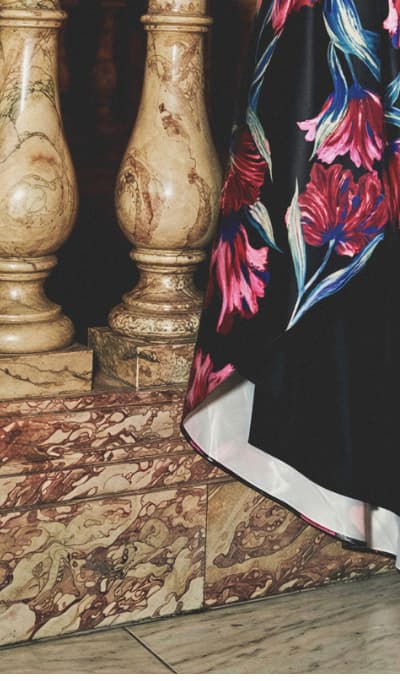 Floral Print Mikado High Low Gown In Black Multi
