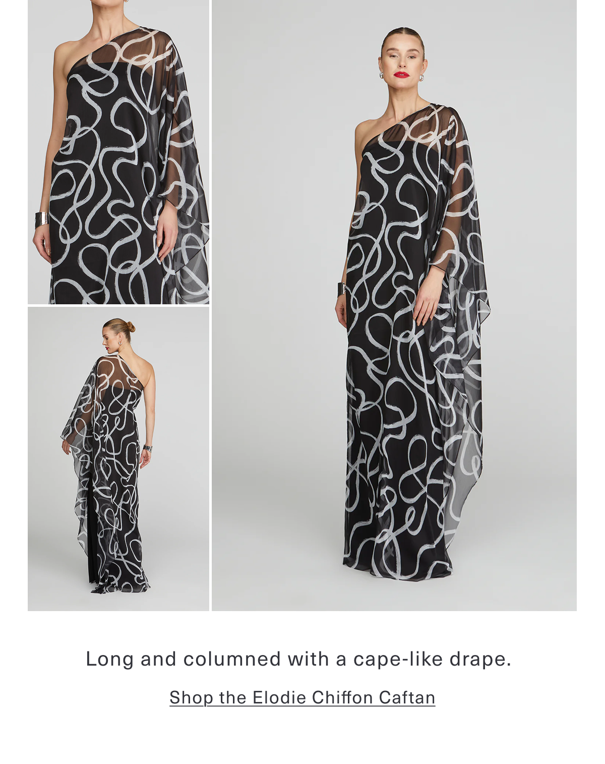 Long and columned with a cape-like drape. Shop the Elodie Chiffon Caftan