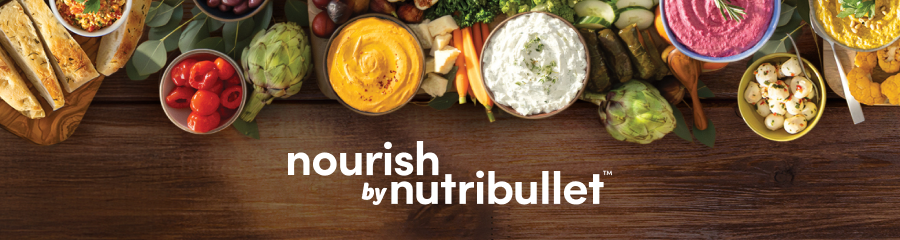 A colorful assortment of produce, including avocados, tomatoes, citrus, and greens, displayed above the nutribullet nourish banner.