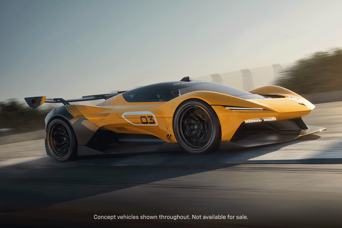 Concept vehicles shown throughout. Not available for sale. Rotating image animation showcasing various shots and angles of the Corvette CX and CX.R Vision Gran Turismo concept vehicles.