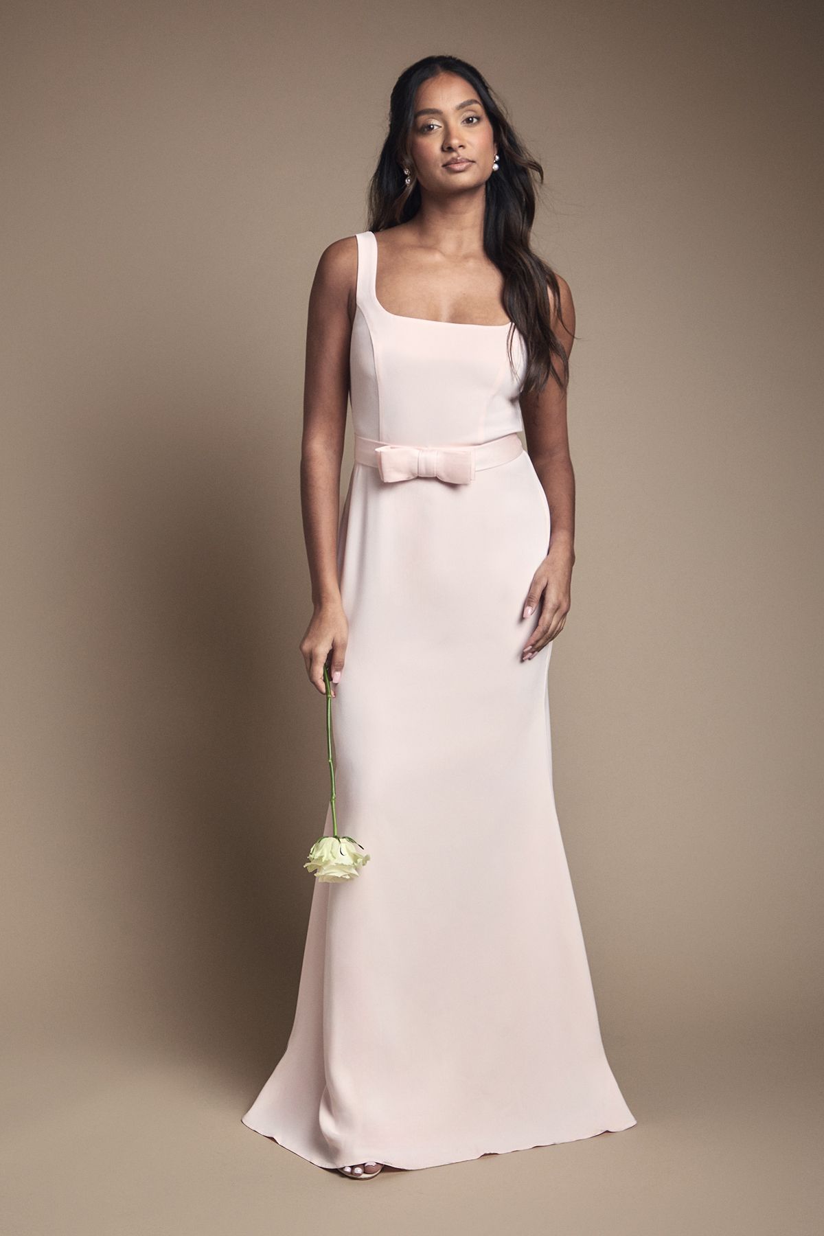 Square Neck Bow Detail Crepe Maxi Bridesmaid Dress