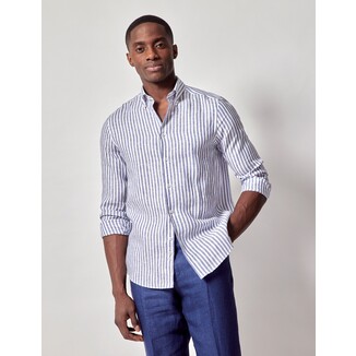 Navy & White Stripe Pure Linen Slim Shirt – Button Down Collar