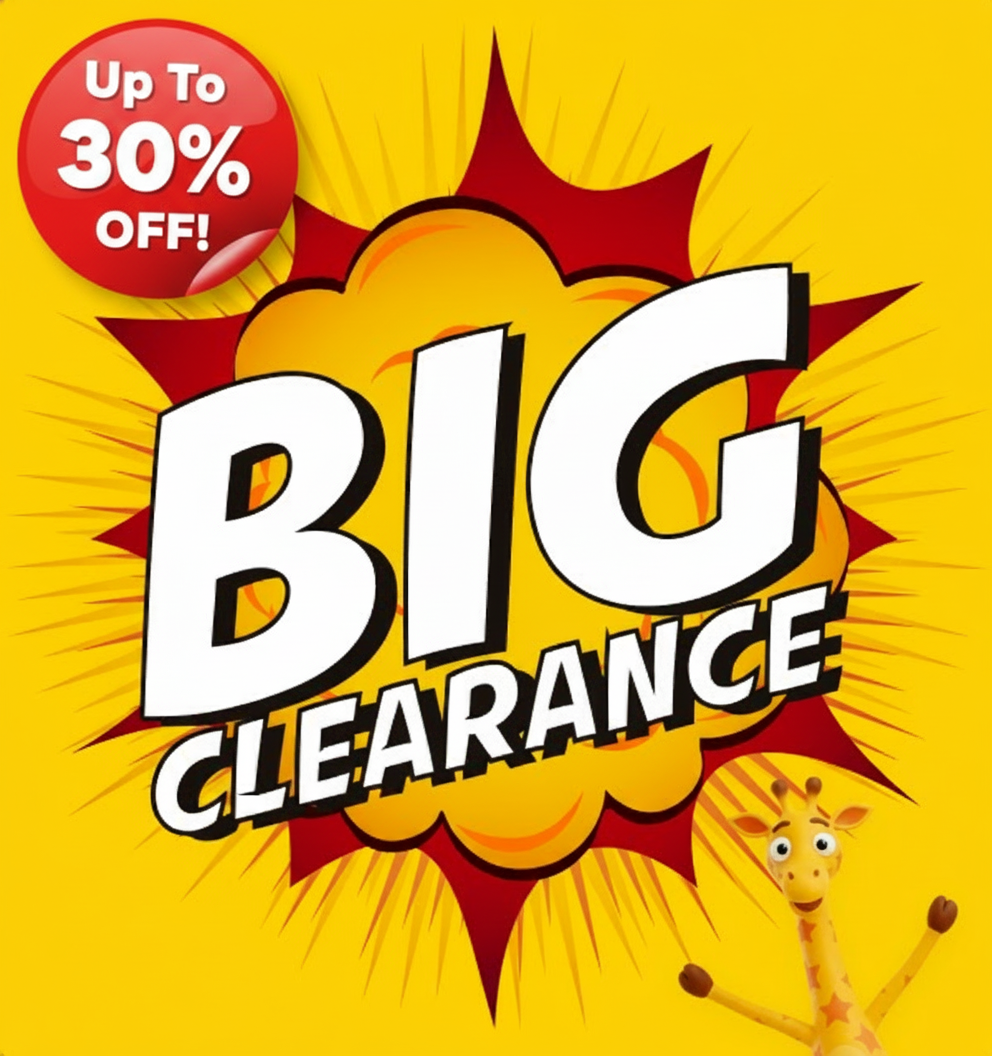 an image of a giraffe with a big clearance sign on it