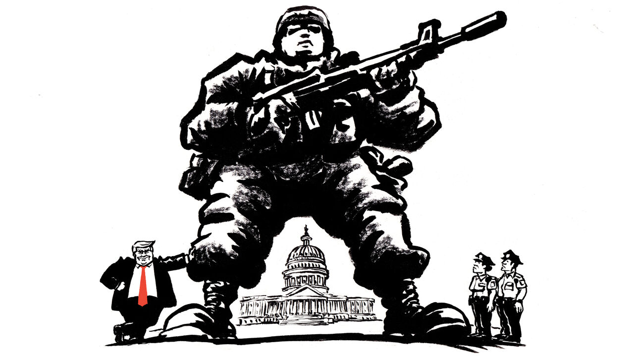 Illustration of Donald trump leaning his hand on a giant armed soldier while 2 police officers look on, the US capitol visible between the soldier's legs