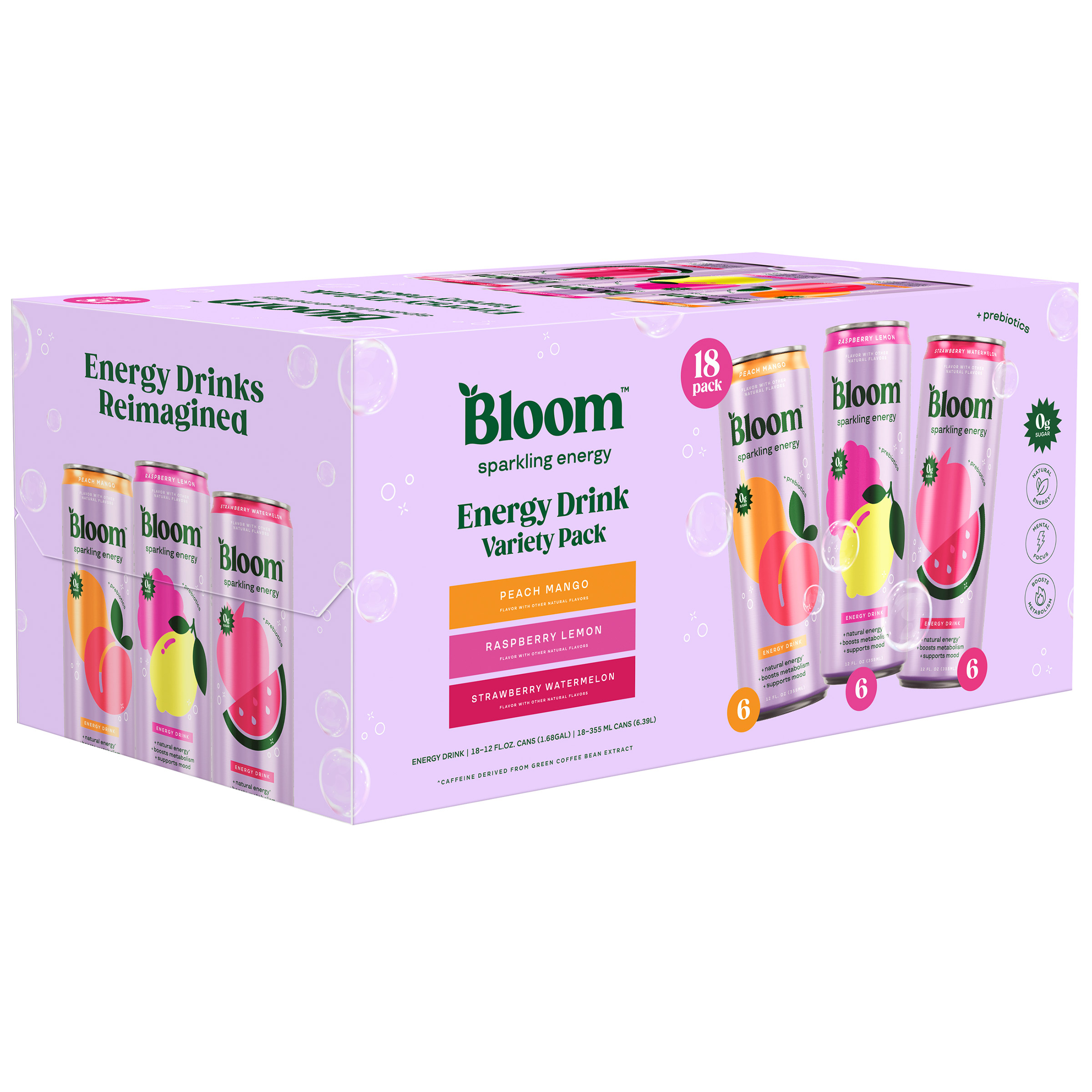 Bloom Sparkling Energy Drink, Variety Pack, 12 fl oz, 18-Count