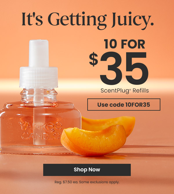 Text says It's Getting Juicy and offers 10 ScentPlug refills for $35 with code 10FOR35. Shop Now button at the bottom.