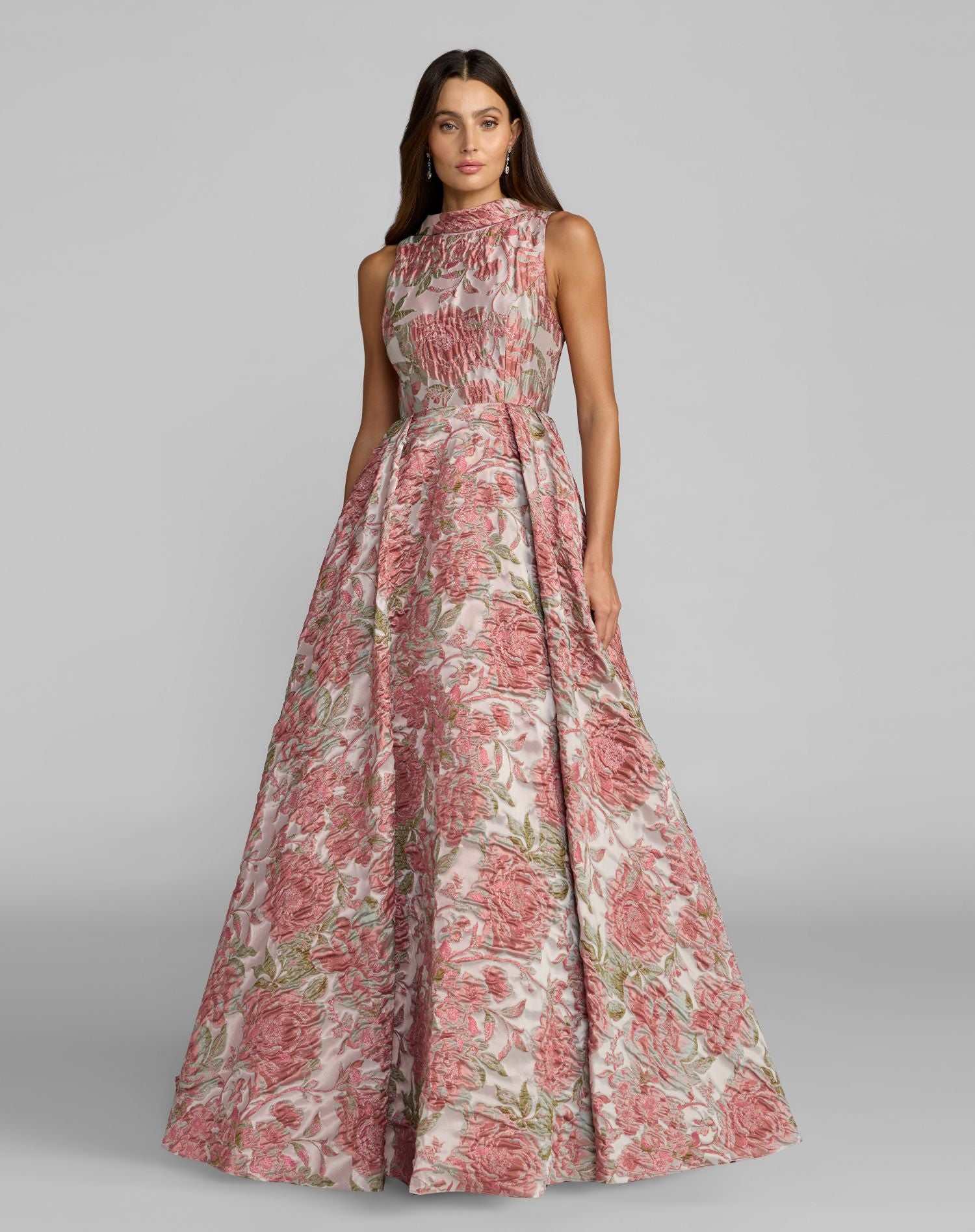 Image of Pink Sleeveless Brocade V-Back Ball Gown