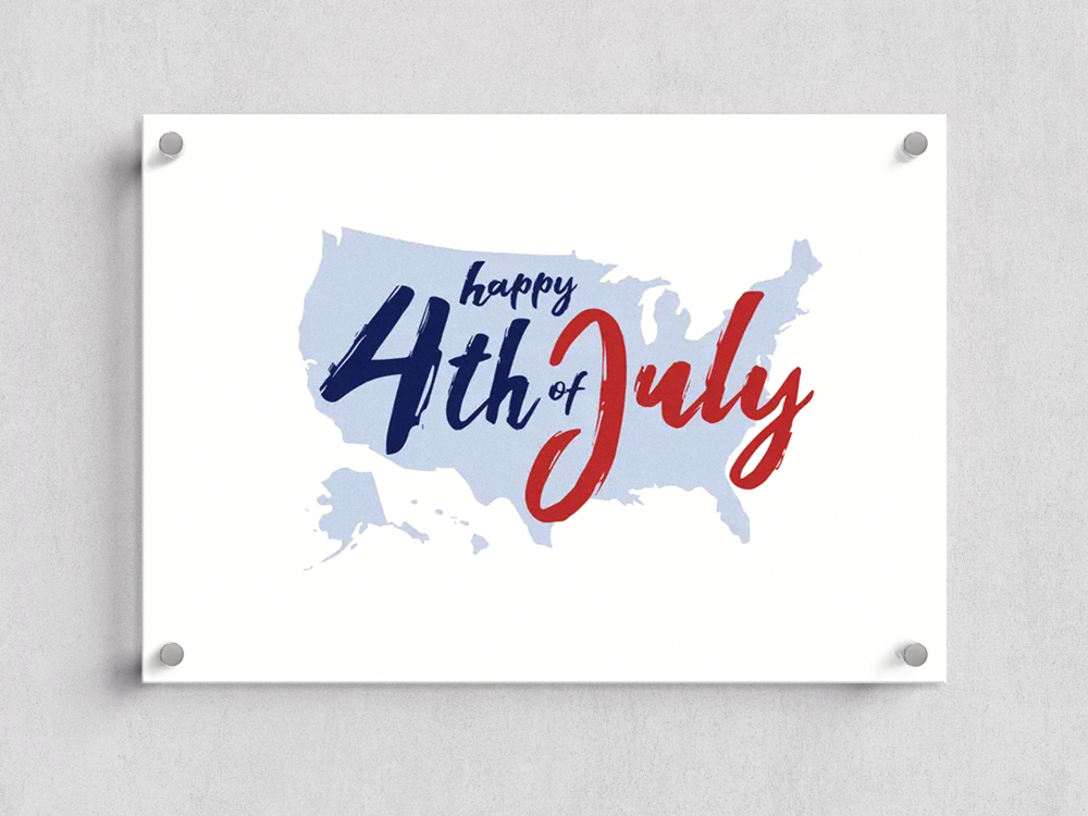 White acrylic wall sign with a patriotic “Happy 4th of July” design over a United States map silhouette in red and blue. The mounted acrylic sign creates a modern holiday display for offices, businesses, retail spaces, and community celebrations.