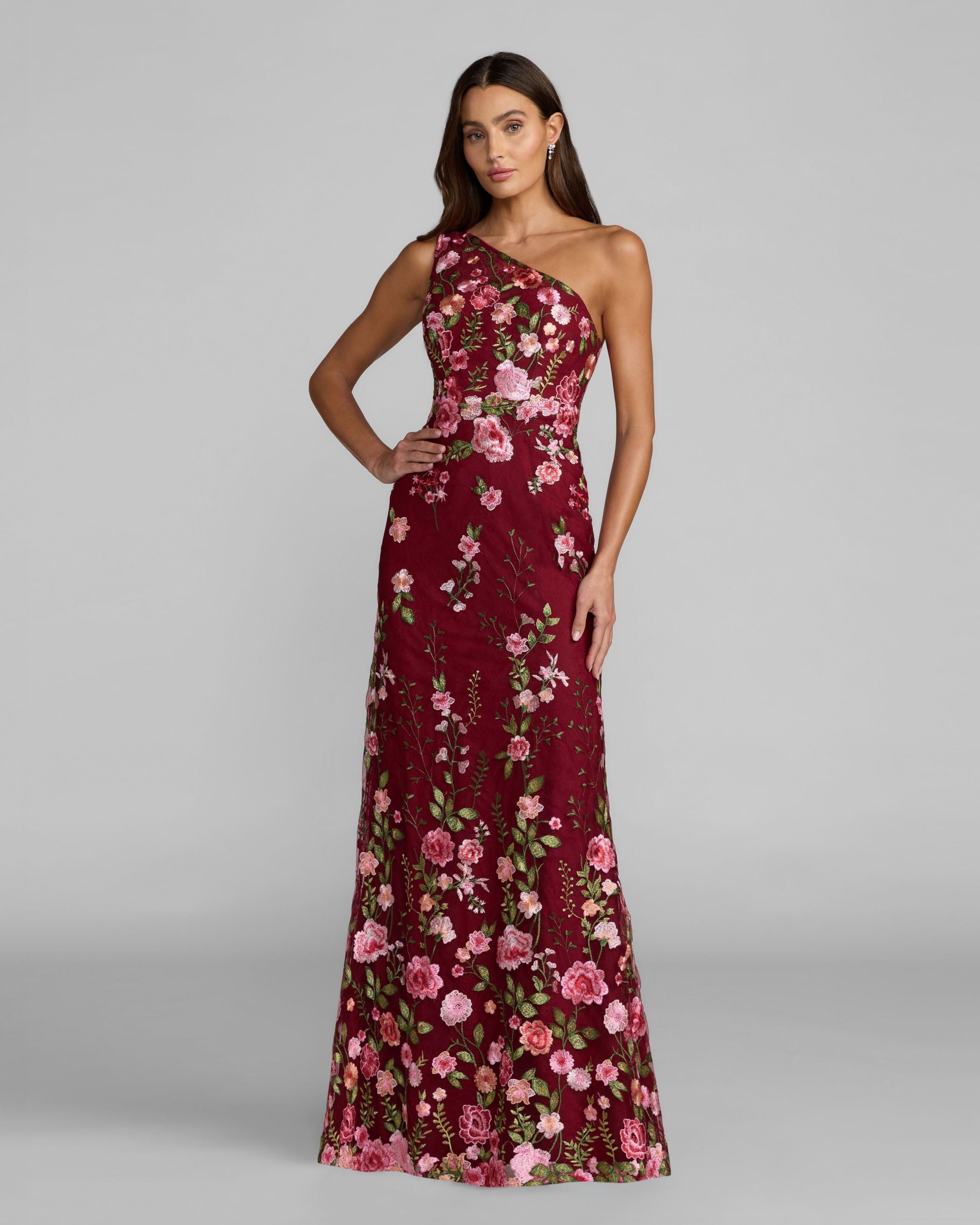 Image of Red One Shoulder Floral Embroidered Gown