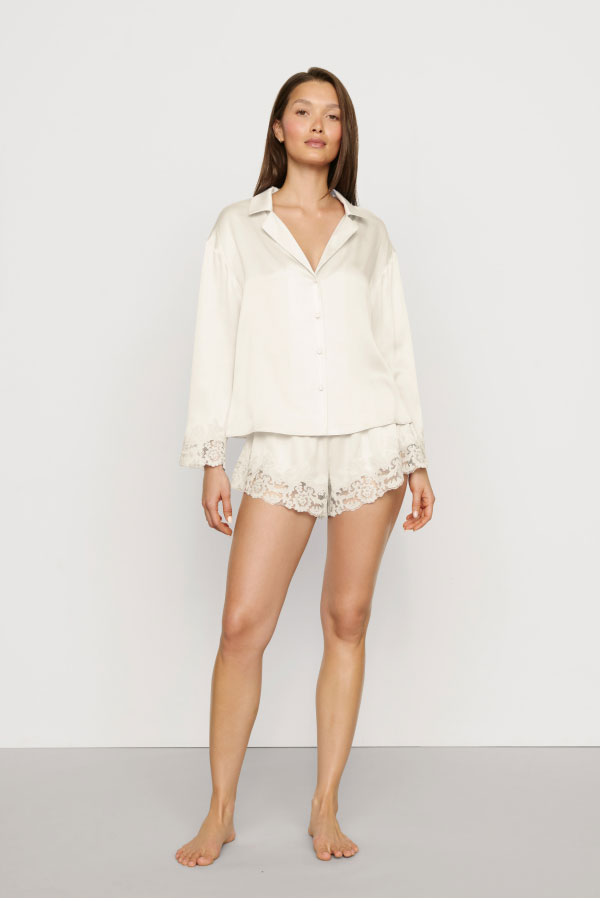 Washable Silk with Lace Embroidery Long Sleeve Top & Short PJ Set Ivory