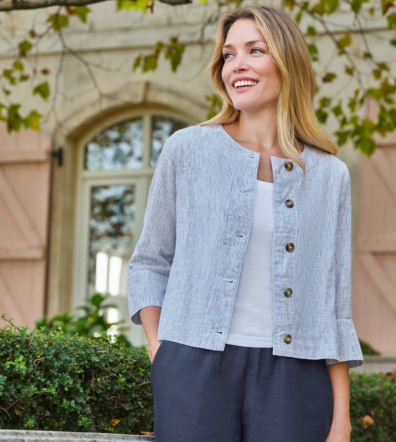 Collarless Lightweight Linen Blend Jacket