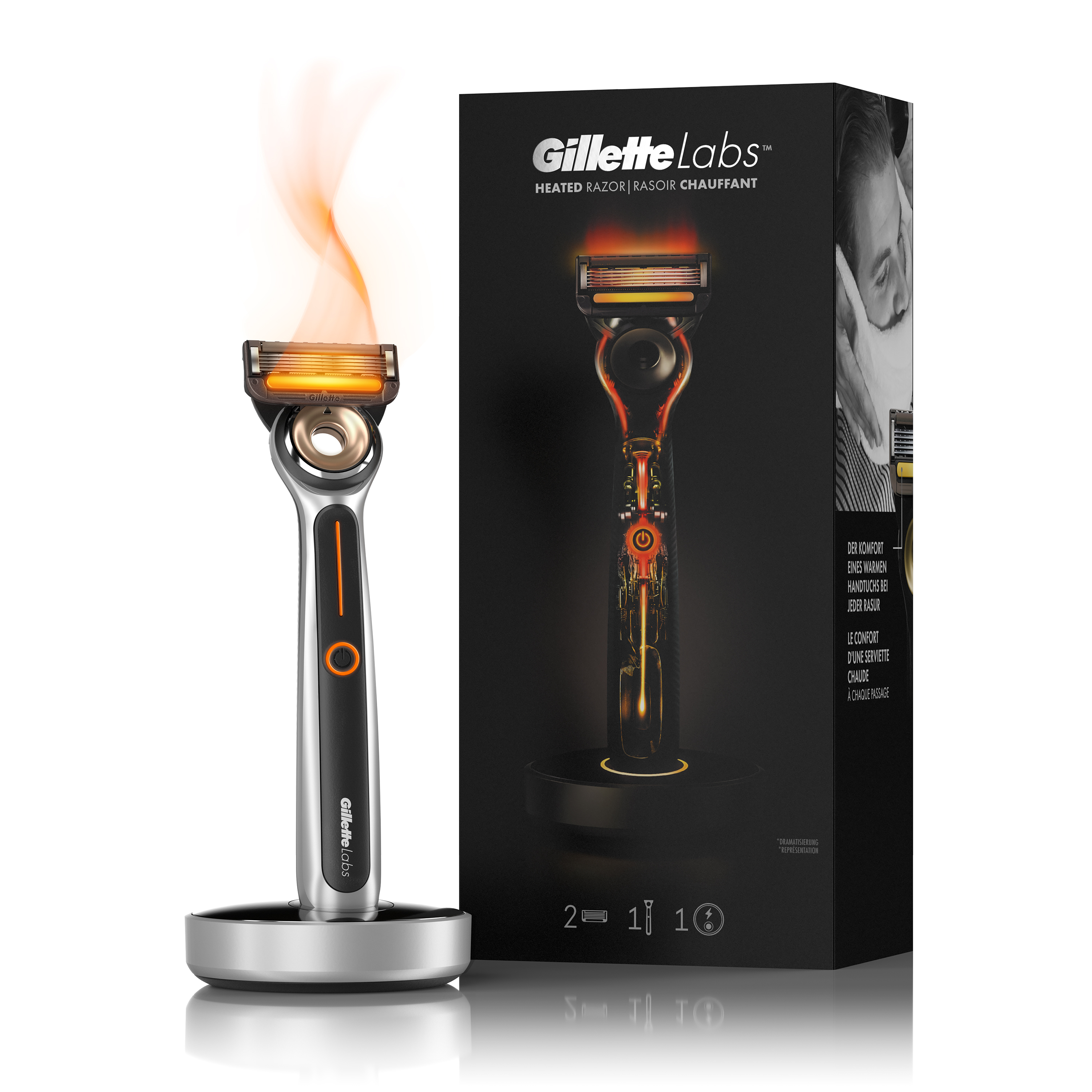 Heated Razor Starter Kit with razor handle, two cartridges, and charging dock.