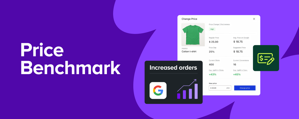 Price Benchmark feature showing a pricing suggestion for a green t-shirt, with icons for increased orders and performance.