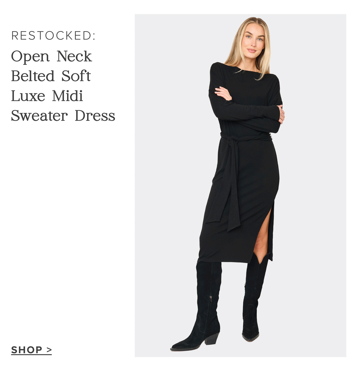 Open Neck Belted Soft Luxe Midi Sweater Dress