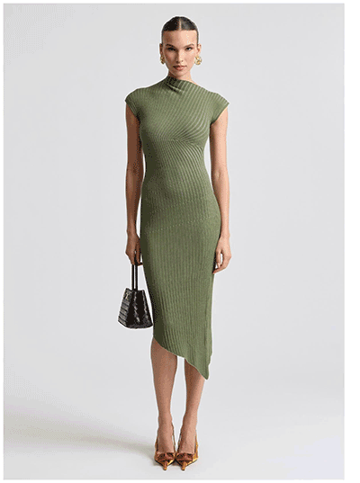 Radial Rib Asymmetric Midi Sweater Dress