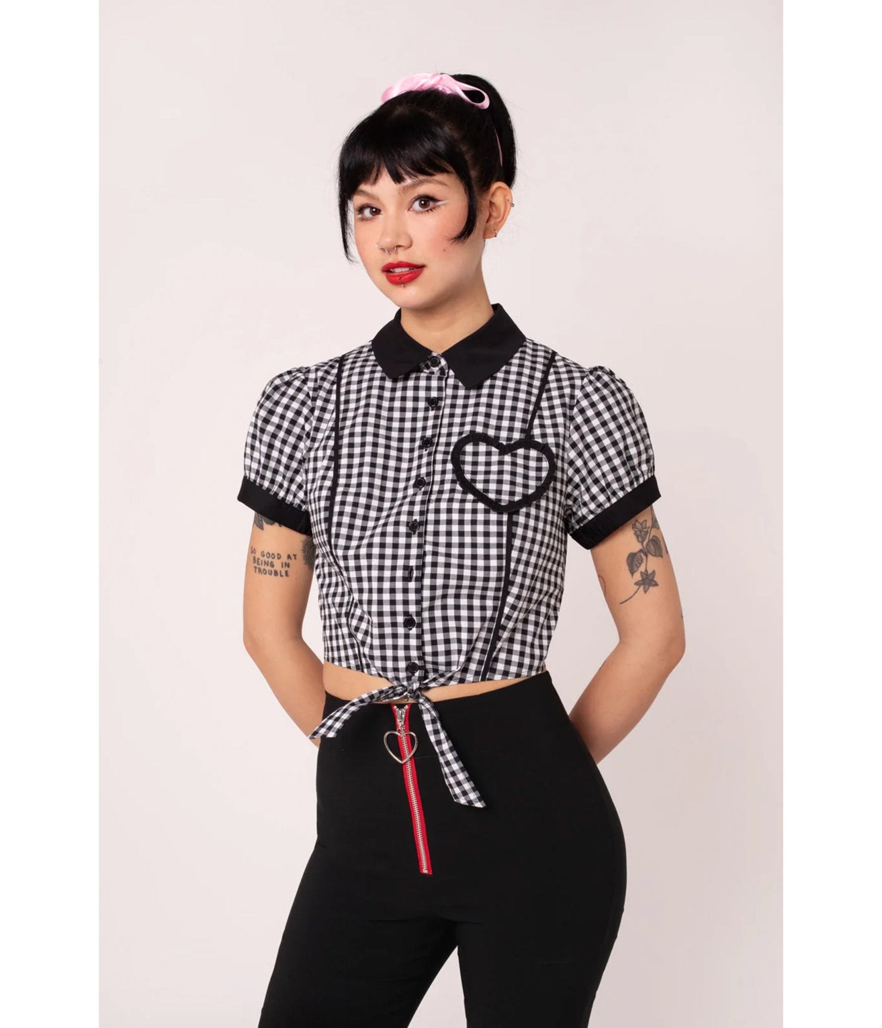 Image of Hell Bunny Black & White Gingham Mel Cropped Blouse