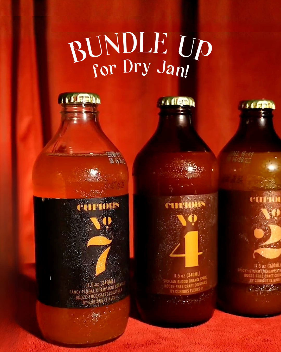 Curious No. 7, No. 4, and No. 2 close up in front of a red curtain. 