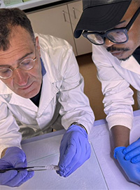 Two people in lab coats, one watching as the other holds tweezers over a test tube.