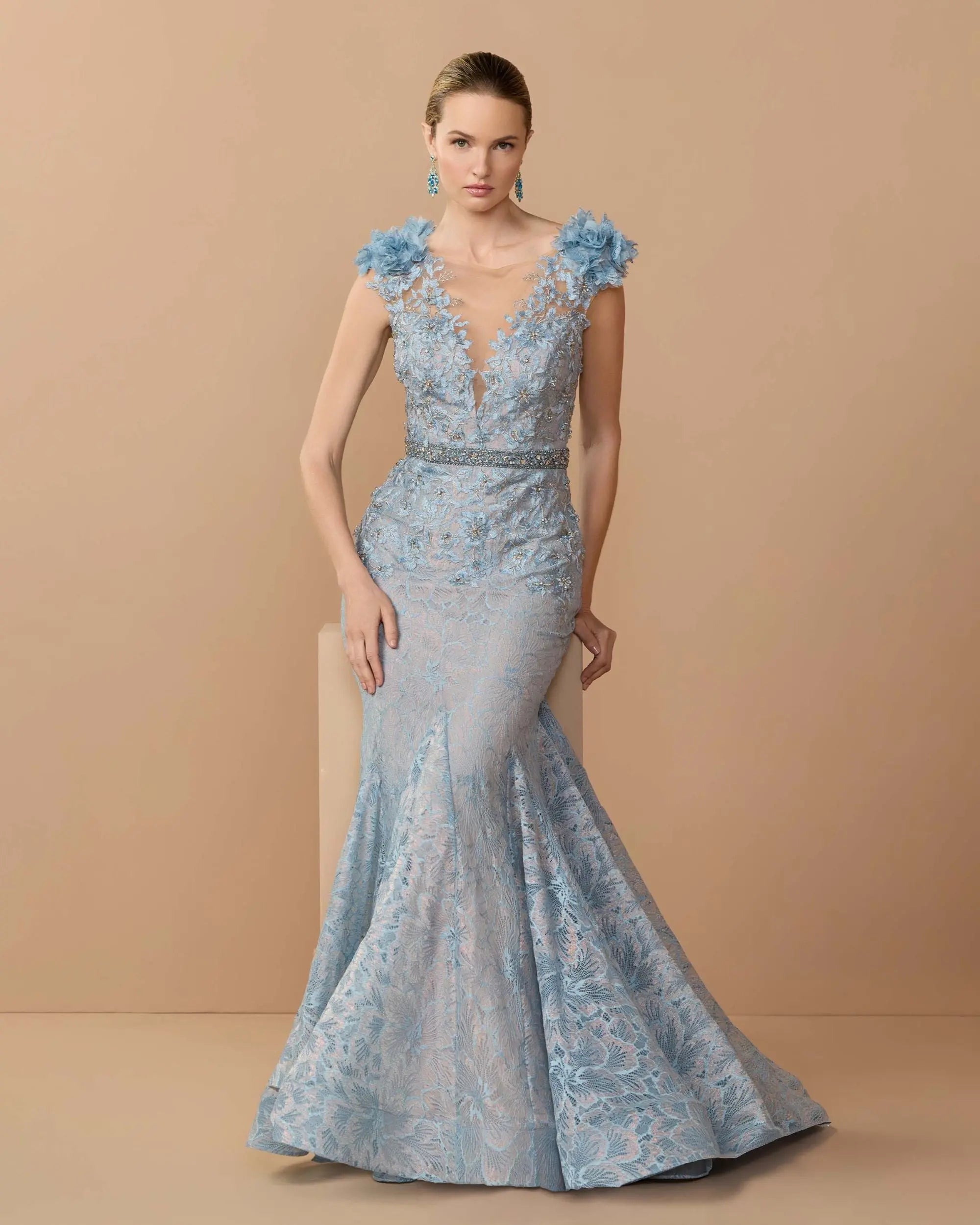 Image of Blue Embellished Lace Illusion Neck Gown With 3D Flowers