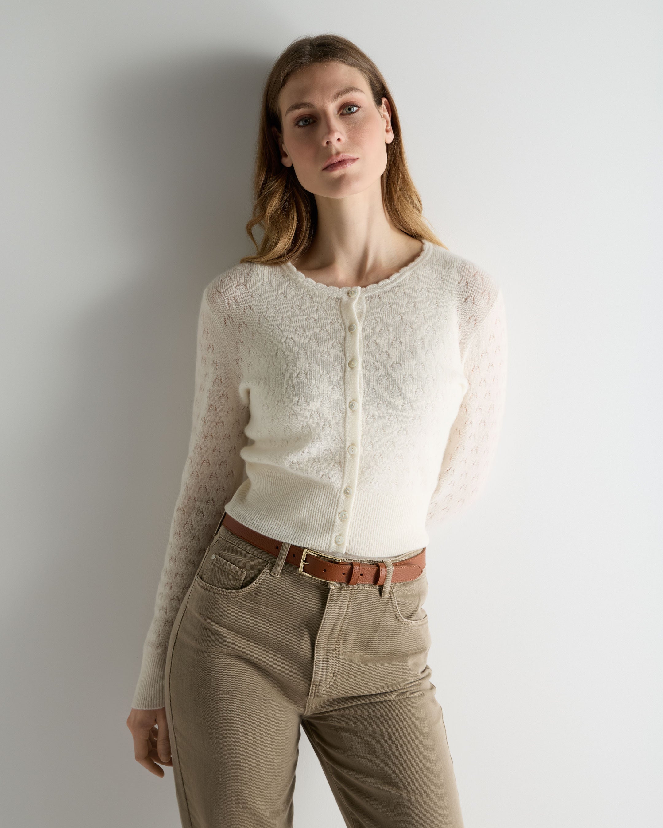 Image of Women's Ivy Lace Stitch Cashmere Cardigan New Ivory White Sparkle