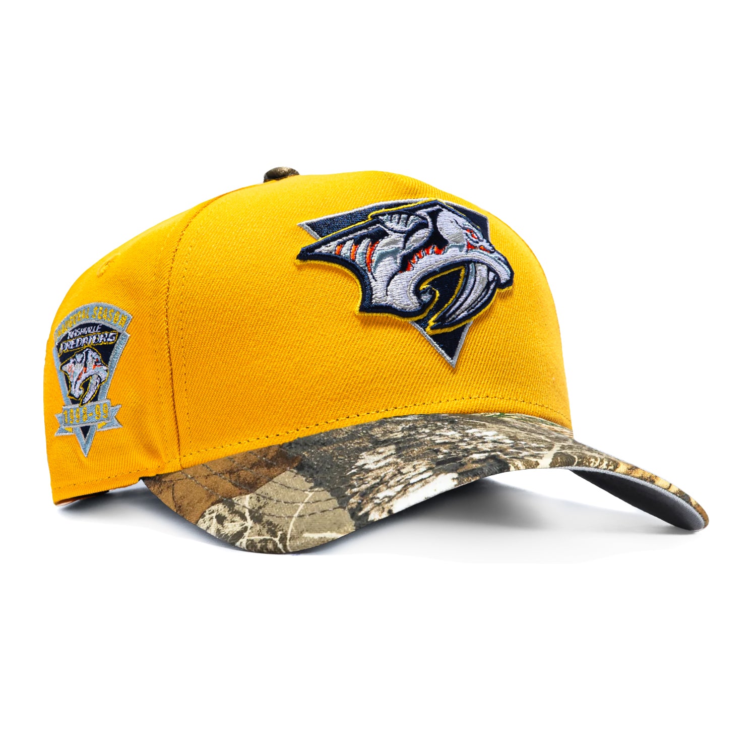 Image of New Era 9Forty A-Frame Realtree Visor Nashville Predators Inaugural Patch Snapback Hat - Gold, Realtree