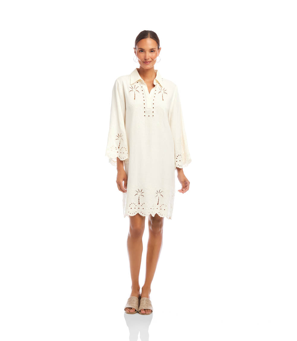 Image of Flare Sleeve Cutout Embroidered Shirtdress