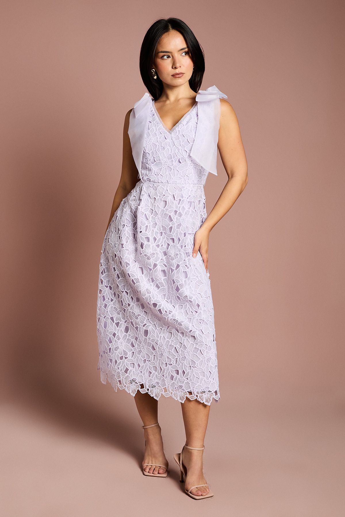 Petite Bow Shoulder Organza Lace Midi Dress
