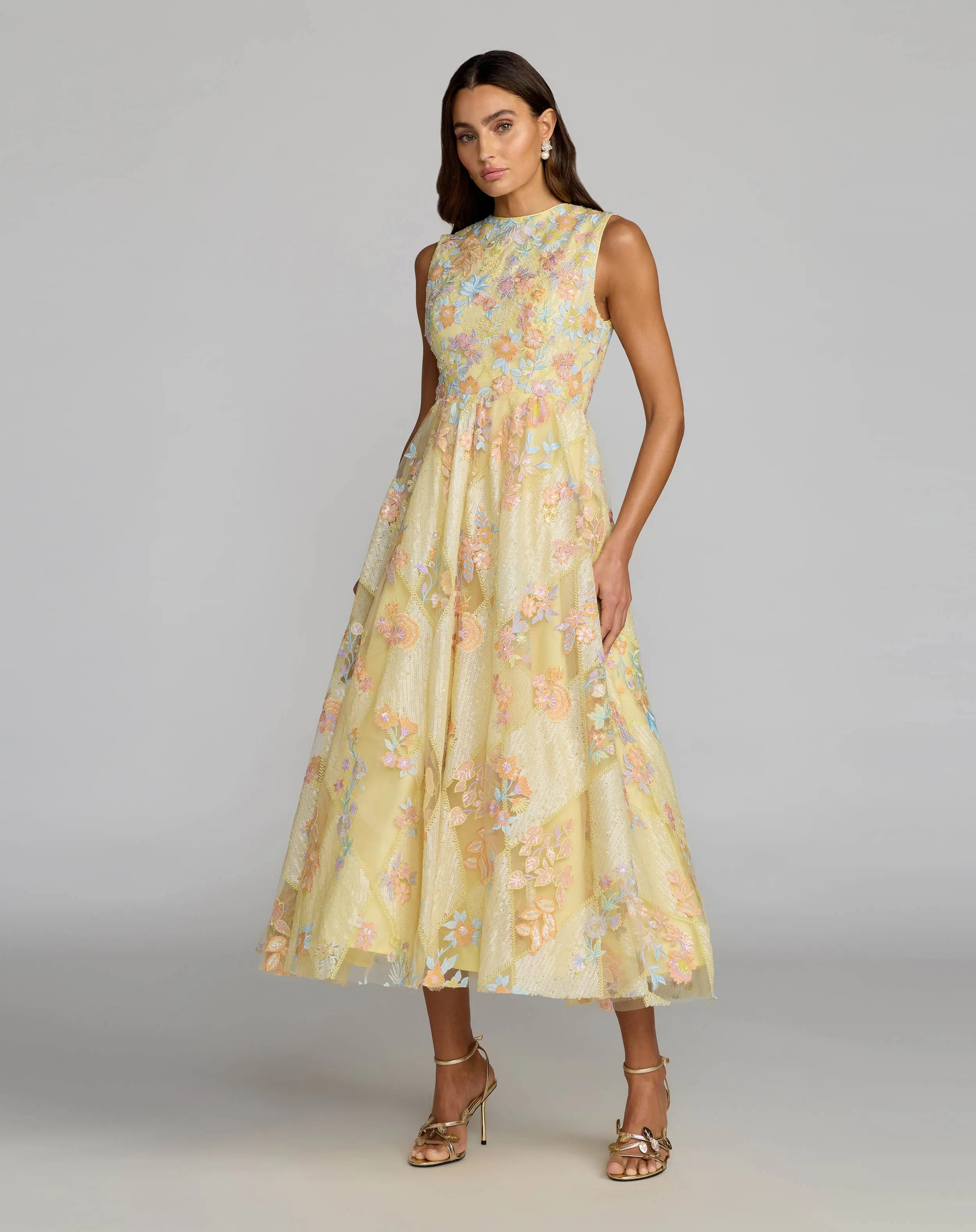 Image of Yellow Sleeveless Embroidered A-Line Midi Dress