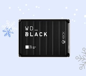 WD_BLACK P10 Game Drive for Xbox, a black external hard drive with Xbox branding, set against a light blue background with snowflakes.