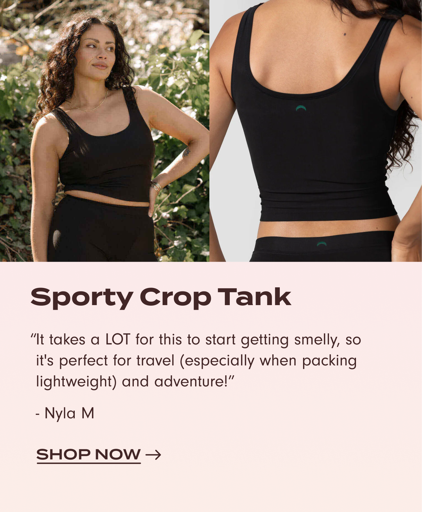 Shop Sporty Crop Tank: "It takes a LOT for this to start getting smelly, so it's perfect for travel (especially when packing lightweight) and adventure!" –&nbsp;Review by Nyla M.