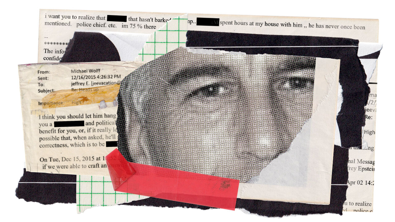 Collage illustration featuring Epstein and some of his emails.