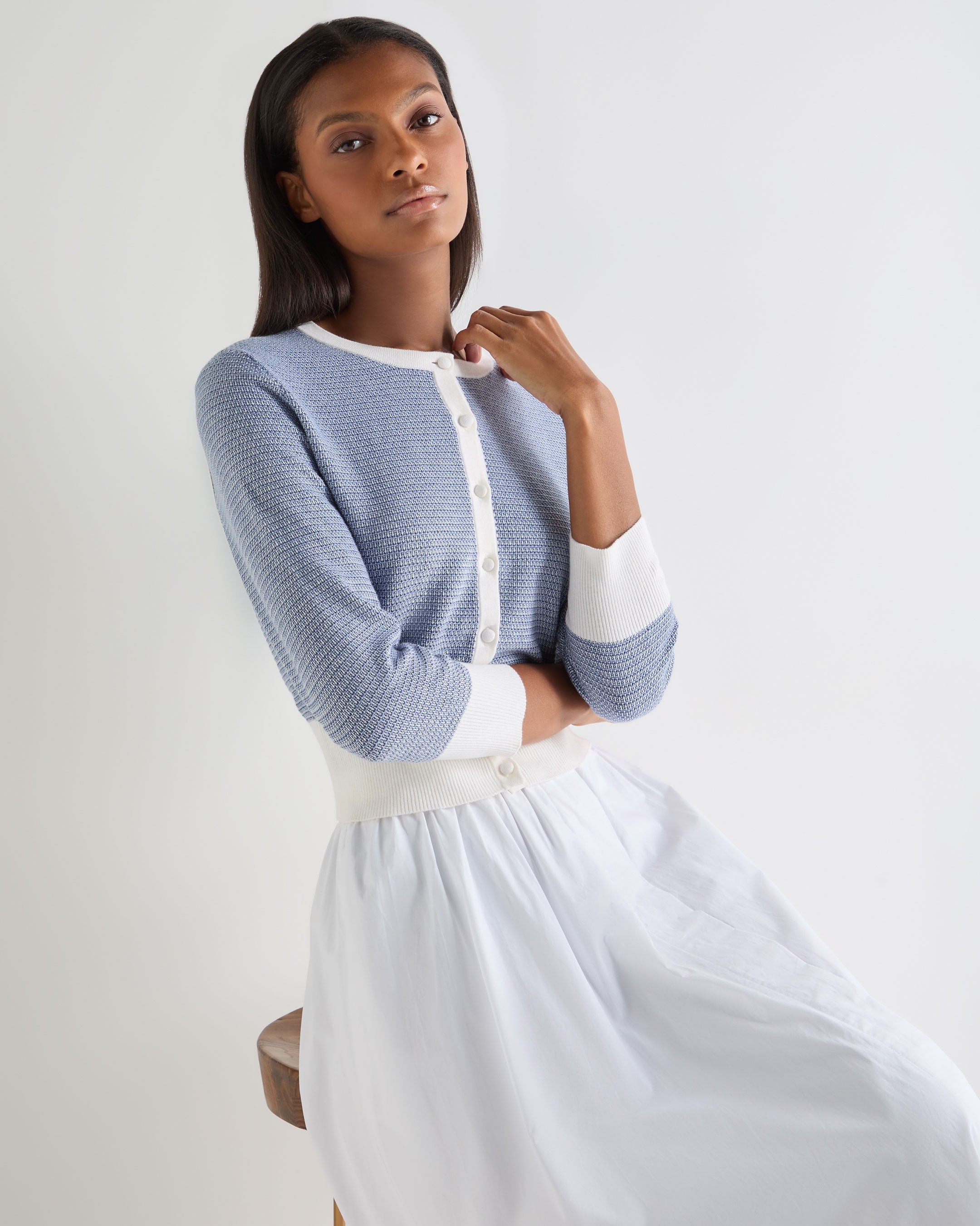 Image of Women's Dulcie Jacquard Silk Cashmere Cardigan Denim Blue
