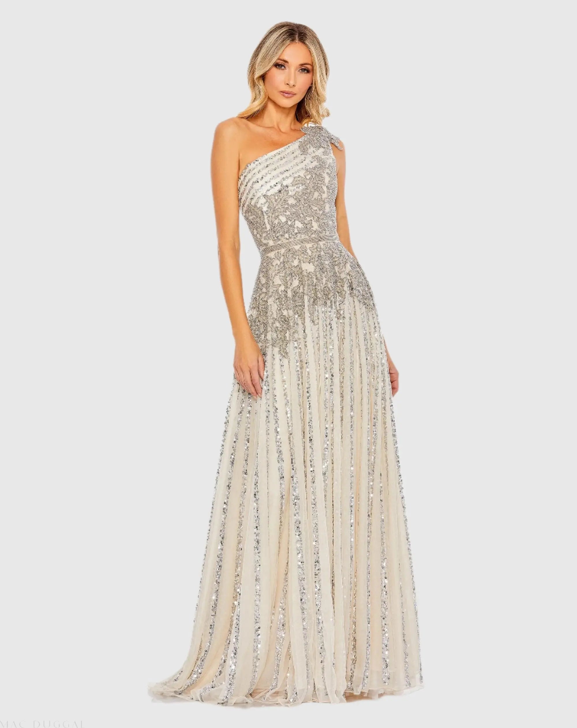 Image of Silver Beaded Embellished One Shoulder A Line Gown