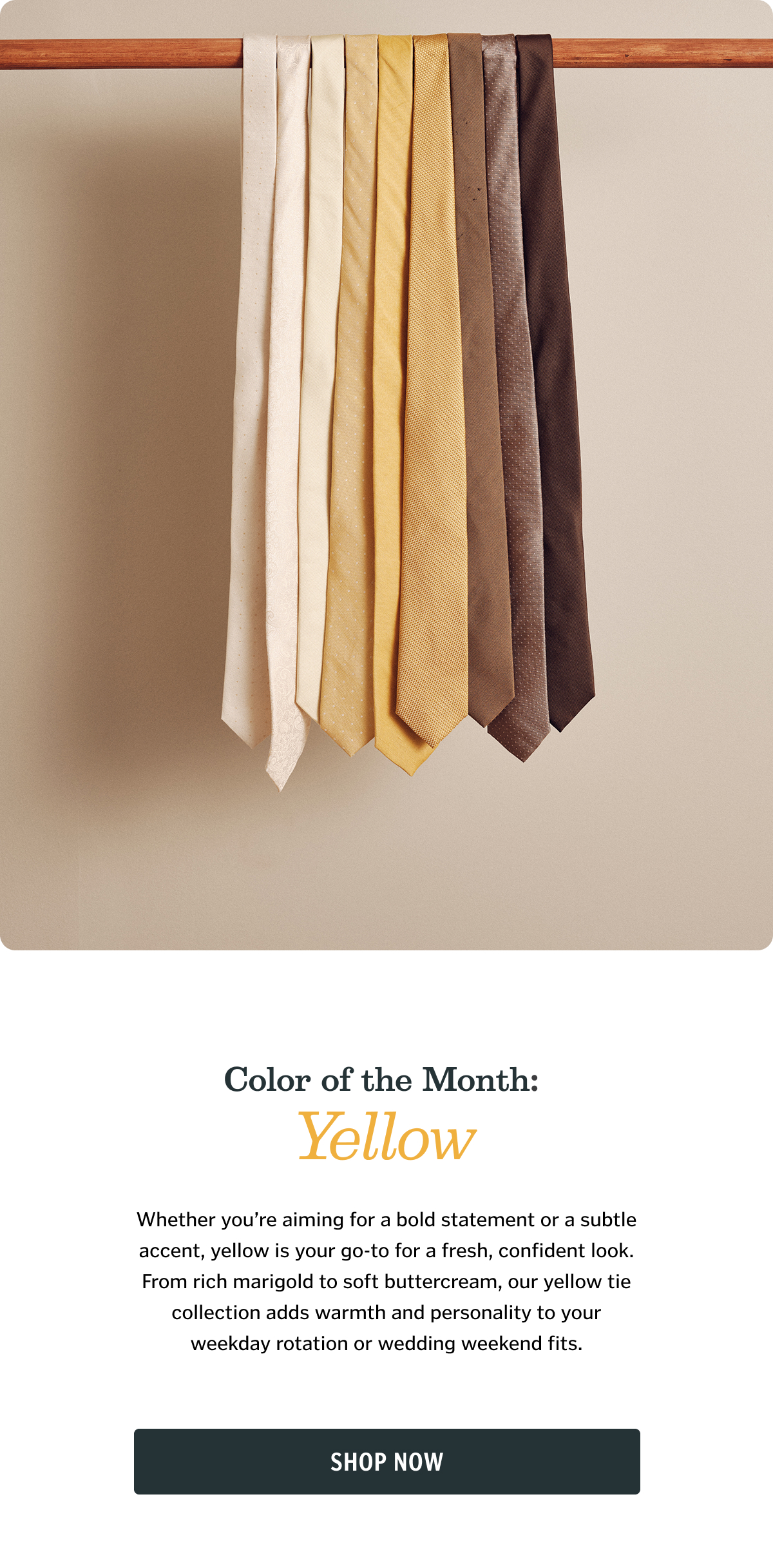 Color of the Month: Yellow. Whether you’re aiming for a bold statement or a subtle accent, yellow is your go-to for a fresh, confident look. From rich marigold to soft buttercream, our yellow tie collection adds warmth and personality to your weekday rotation or wedding weekend fits. 