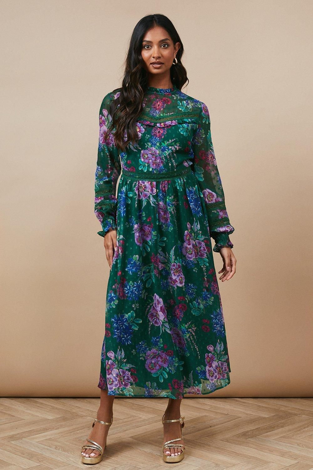 Occasion Floral Glitter Lace Trim Midi Dress