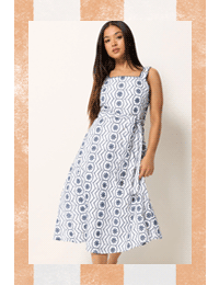 M&Co Petite White & Navy Blue Embroidered Cotton Dress