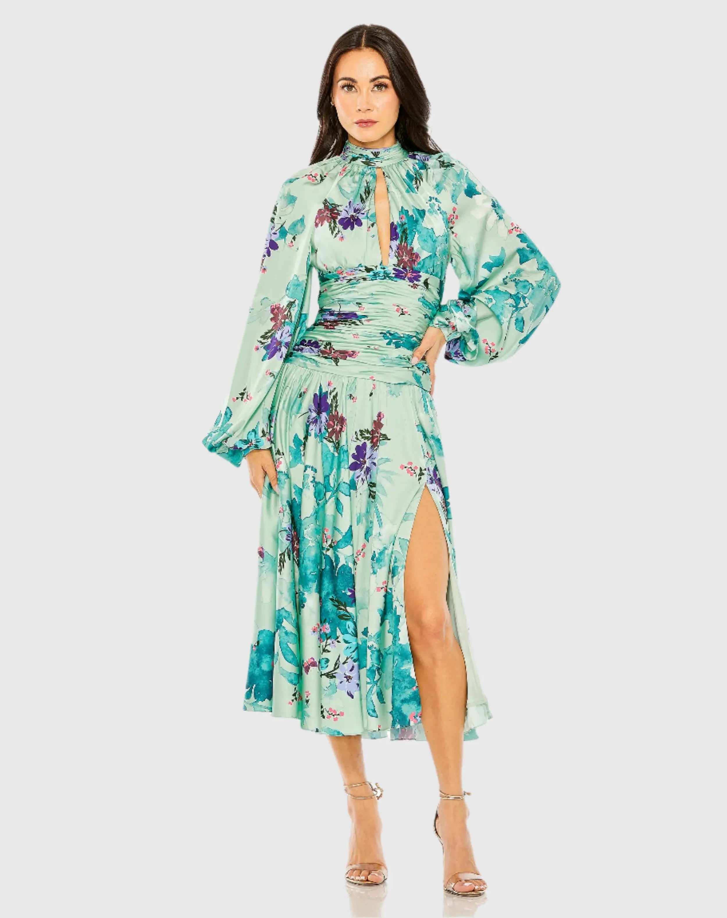 Image of Green Keyhole Satin Long Sleeve Floral Dress