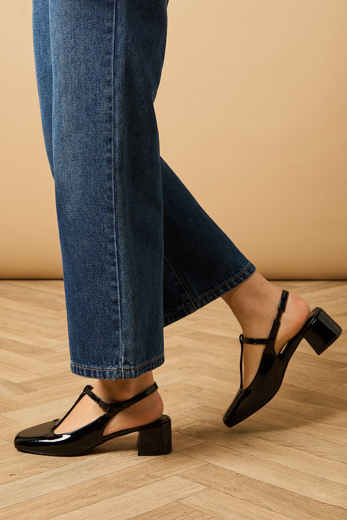 Florence Faux Patent Leather T-Bar Medium Block Heel Court Shoes