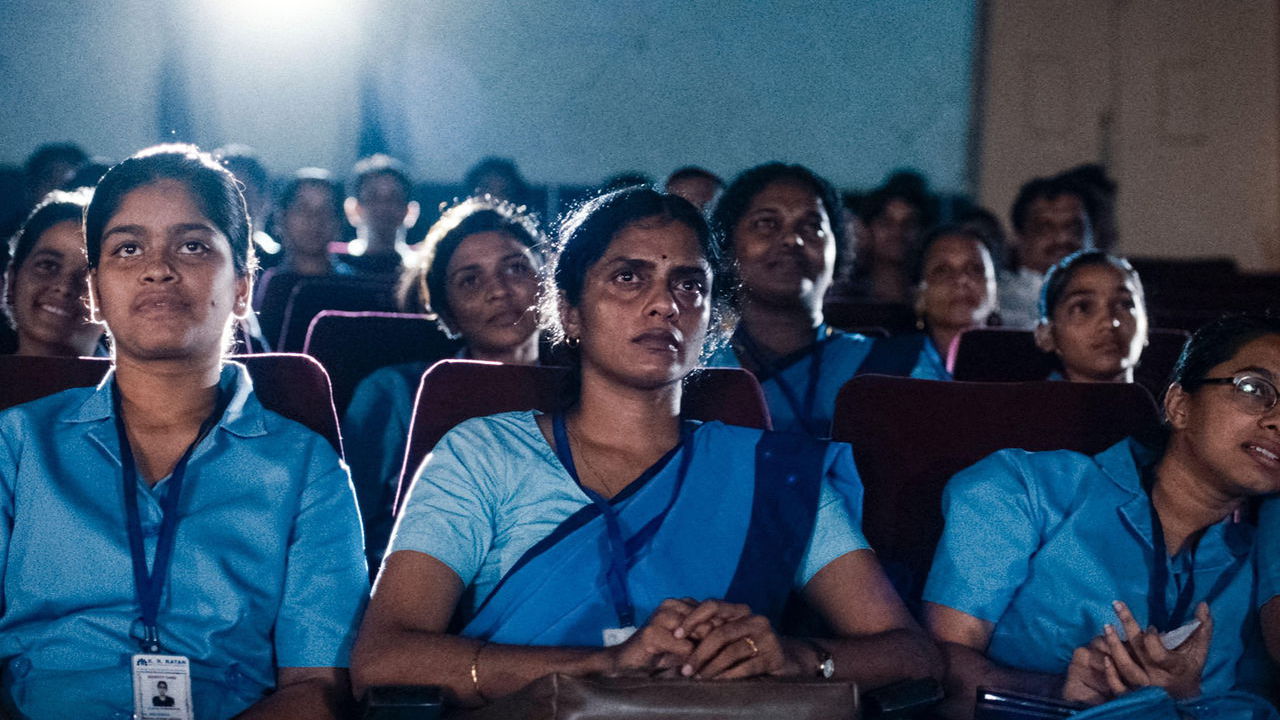 A still from 'All We Imagine as Light' (2024) directed by Payal Kapadia and starring Kani Kusruti, Divya Prabha, and Chhaya Kadam.
