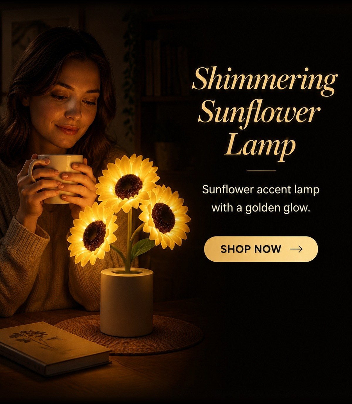 Shimmering Sunflower Lamp, a sunflower accent lamp with a golden glow. Shop now.