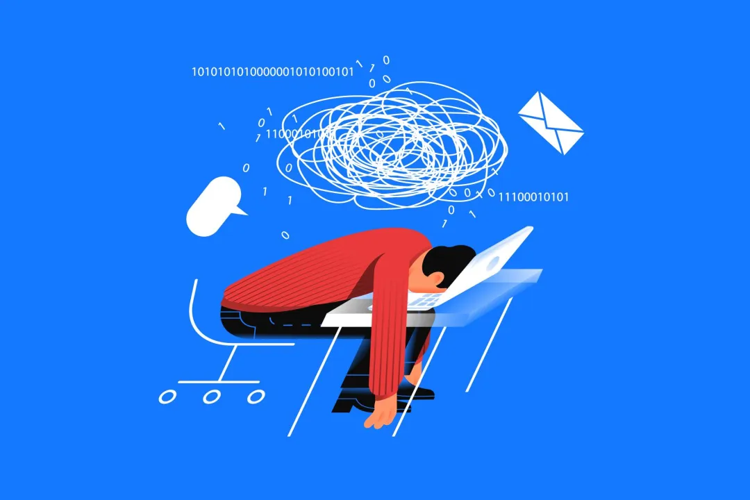 An illustration of a person with their head down at a desk.