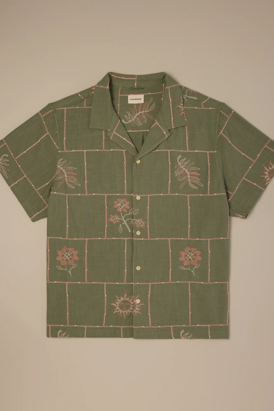 Image of Lucky Brand Big And Tall Novelty Camp Collar Shirt - Men's Clothing Outerwear Shirt Jackets in Olive Multi