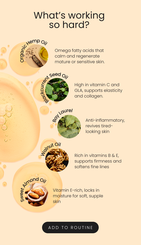 IMAGE: Serum liquid with various ingredients in the serum. Header states: What's working so hard? A list of ingredients follow. They are: Omega fatty acids that calm and regenerate mature or sensitive skin. High in vitamin C and GLA, supports elasticity and collagen. Anti-inflammatory, revives tired-looking skin Rich in vitamins B & E, supports firmness and softens fine lines Vitamin E-rich, locks in moisture for soft, supple skin. If you click this image, you can add to routine. 