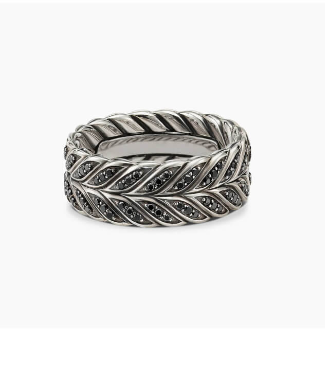 Chevron Band Ring Sterling Silver with Black Diamonds, 9mm