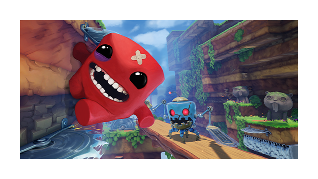 Key art for Super Meat Boy 3D featuring Meat Boy running across a wall amid deadly instruments.