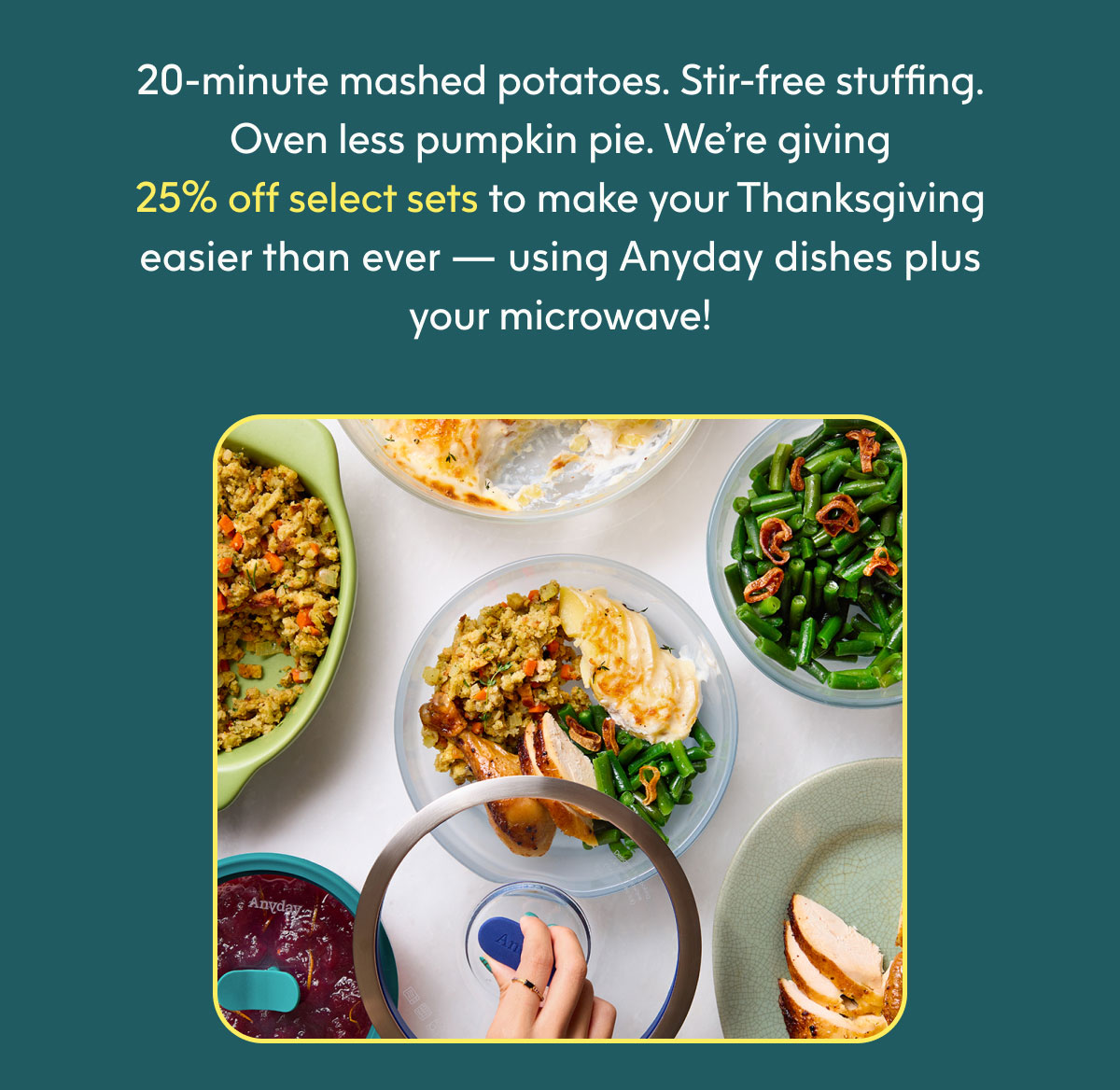 20-minute mashed potatoes. Stir-free stuffing. Ovenless pumpkin pie. We’re giving 25% off select sets to make your Thanksgiving easier than ever — using Anyday dishes + your microwave!